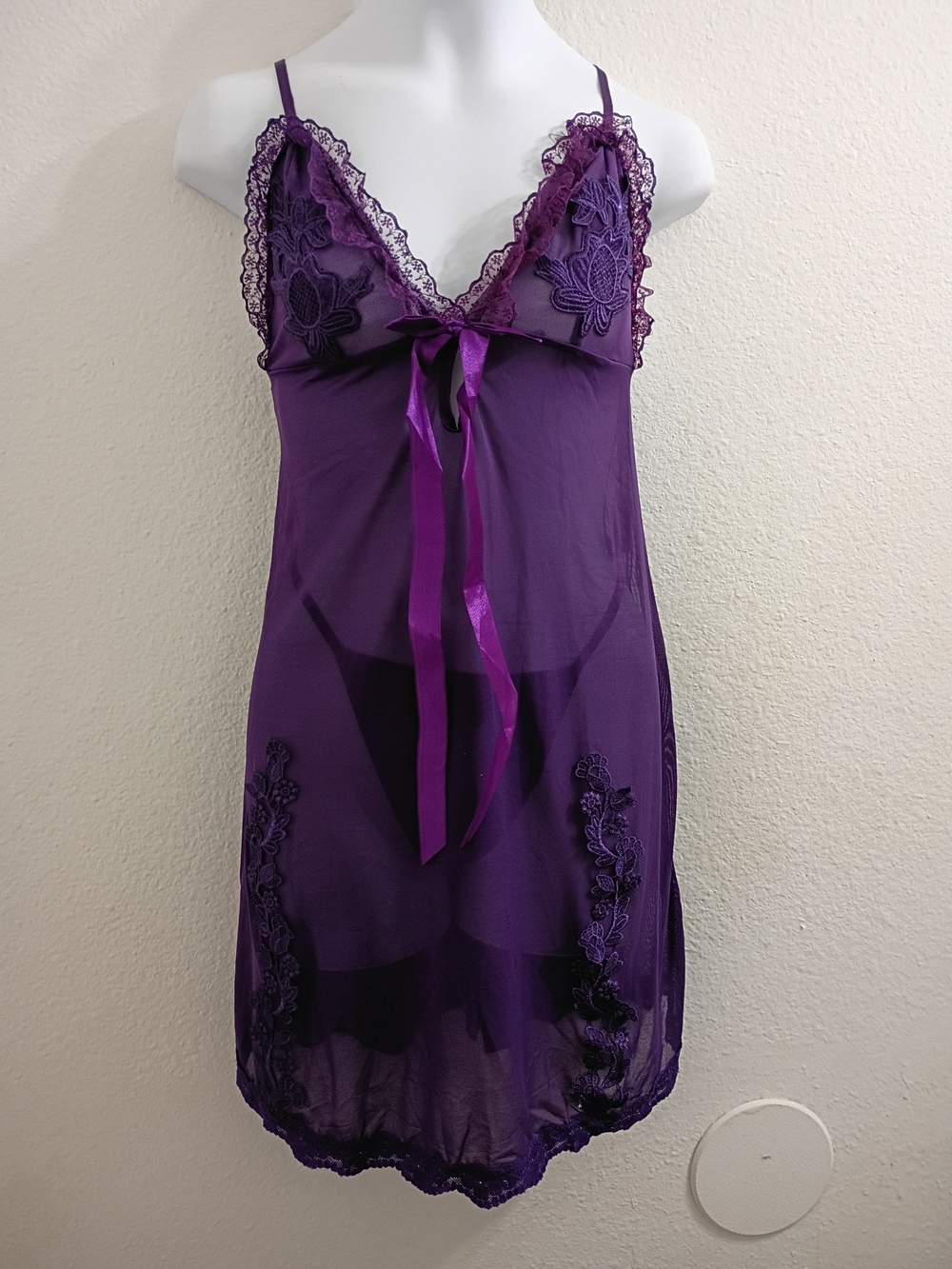 Purple Sheer Lace-Trim Chemise with Satin Tie